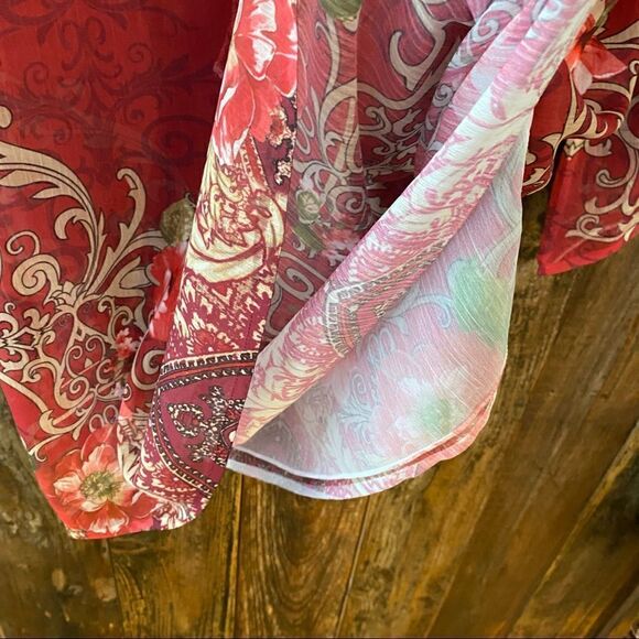 JM Collection Sz S Red Paisley Bohemian Flowy Lightweight Flared Sleeve Blouse - Picture 5 of 7